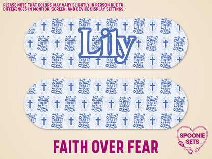 Two white matte "Faith Over Fear" feeding tube pump stickers with blue crosses, one personalized with "Lily".