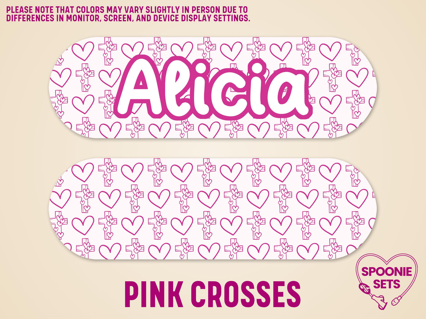 Pink crosses and hearts feeding tube pump sticker with "Alicia" in bold pink font.