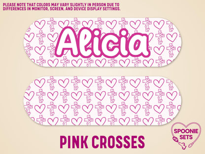 Pink crosses and hearts feeding tube pump sticker with "Alicia" in bold pink font.