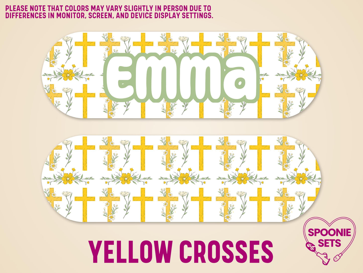 White matte feeding tube pump stickers with yellow crosses, flowers, and "Emma" text.