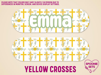 White matte feeding tube pump stickers with yellow crosses, flowers, and "Emma" text.