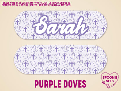 Purple matte feeding tube pump sticker with white "Sarah" text, cross, and dove pattern.