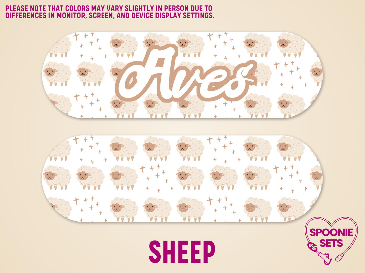 Matte feeding tube pump sticker with a pattern of white sheep and crosses, personalized with "Aves" in brown.