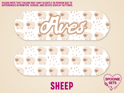 Matte feeding tube pump sticker with a pattern of white sheep and crosses, personalized with "Aves" in brown.