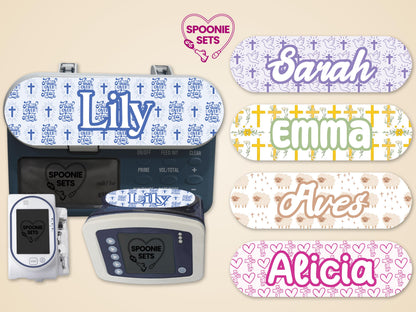 Christian-themed feeding tube pump stickers with names "Lily," "Sarah," "Emma," "Aves," and "Alicia" in various designs.