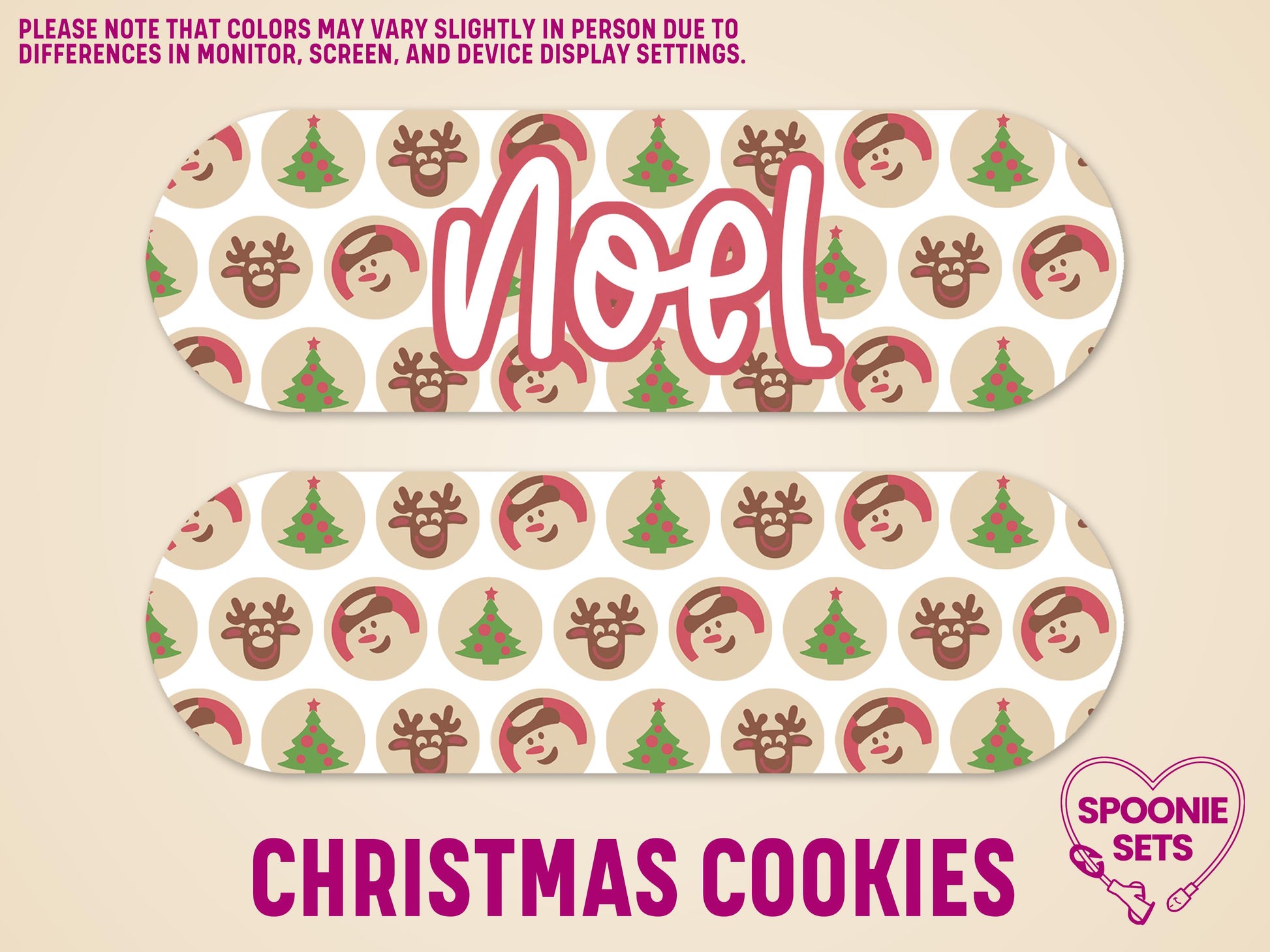 Matte Christmas cookies feeding tube pump sticker with "Noel" in red script, featuring snowmen, reindeer, and trees.