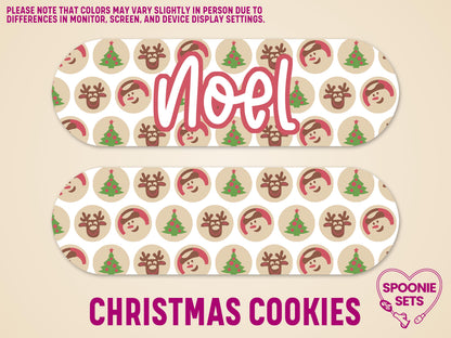 Matte Christmas cookies feeding tube pump sticker with "Noel" in red script, featuring snowmen, reindeer, and trees.