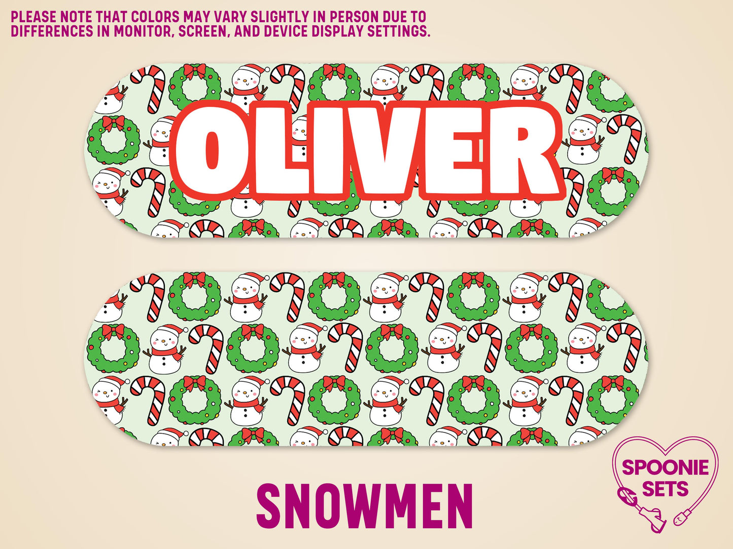 Personalized Christmas feeding tube pump sticker with snowmen, wreaths, and candy canes on a light green background.
