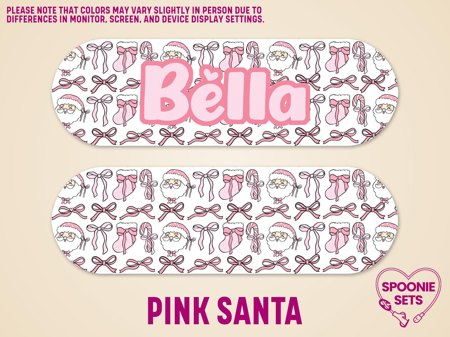 Pink Santa Christmas feeding tube pump sticker with "Bella" in pink, featuring Santa, bows, and stockings.
