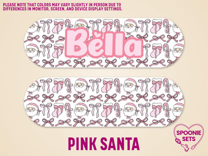 Pink Santa Christmas feeding tube pump sticker with "Bella" in pink, featuring Santa, bows, and stockings.