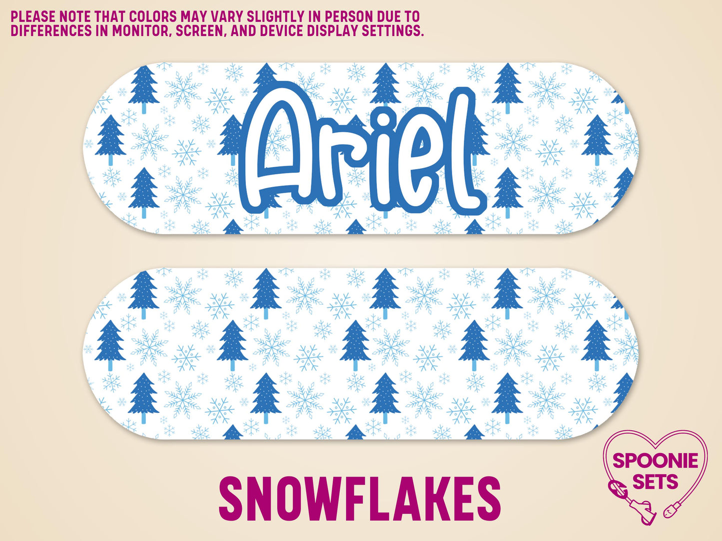 Personalized feeding tube pump sticker with blue pine trees and snowflakes, featuring "Ariel" in blue.