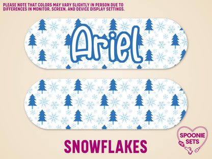 Personalized feeding tube pump sticker with blue pine trees and snowflakes, featuring "Ariel" in blue.