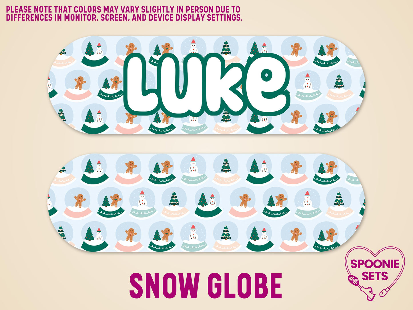 Personalized Infinity pump sticker with "Luke" in green, featuring snowmen, gingerbread, and trees in snow globes.