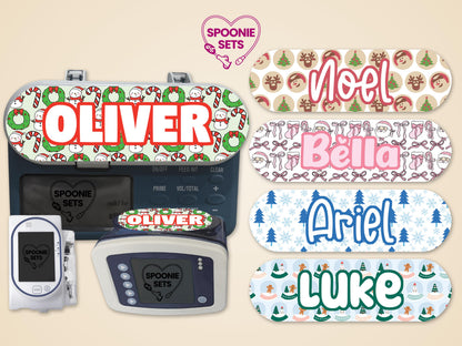 Christmas feeding tube pump stickers with snowmen, candy canes, snow globes, and gingerbread designs.