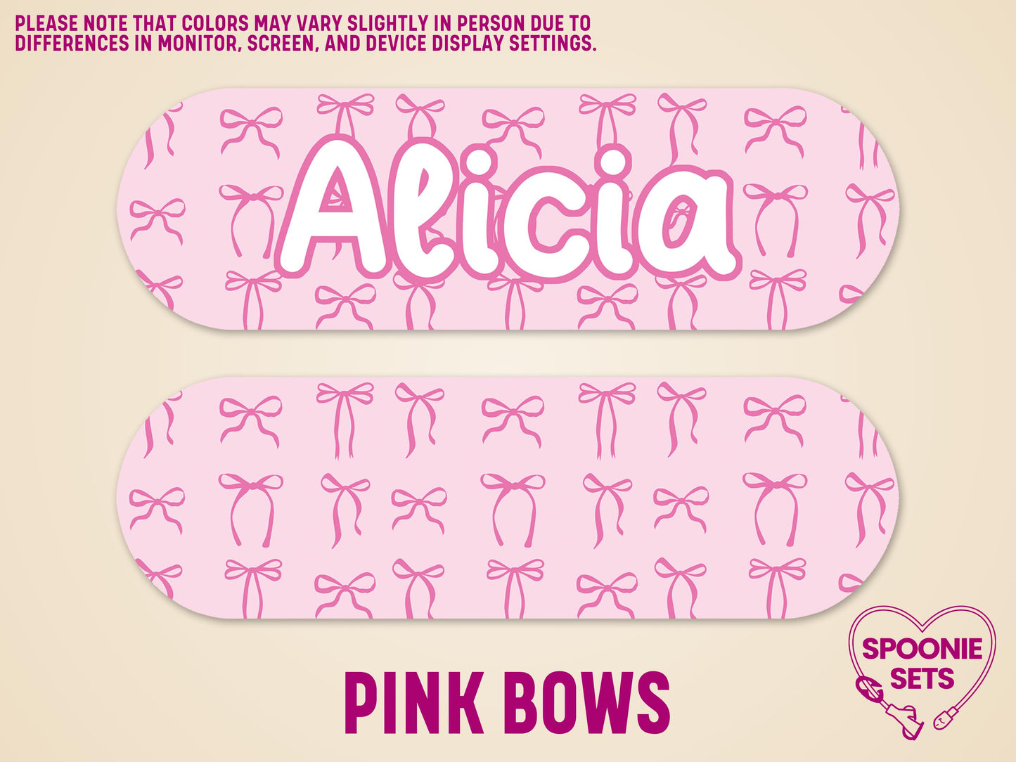 Pink feeding tube pump sticker with "Alicia" in white, surrounded by pink ribbons.