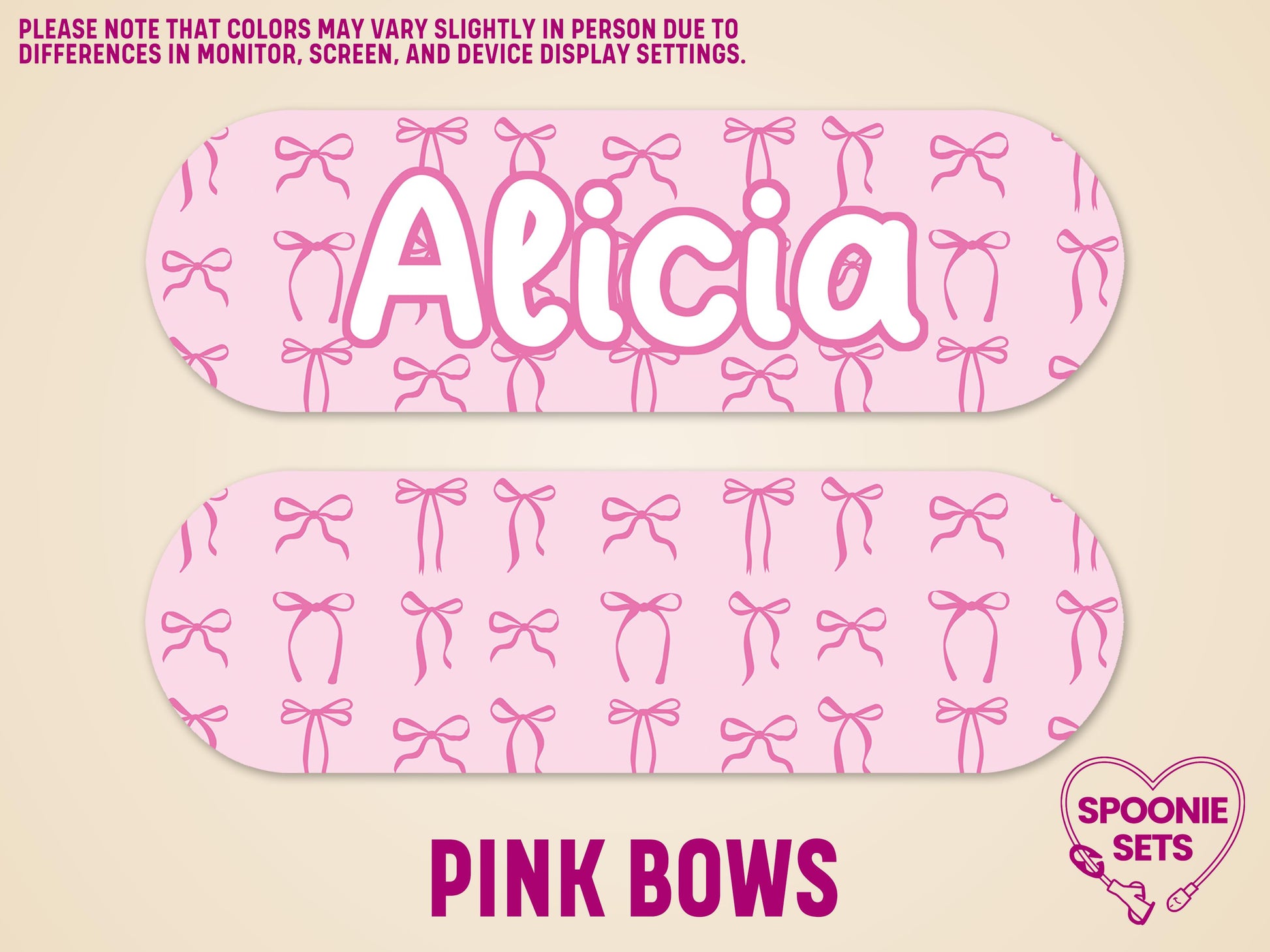 Pink feeding tube pump sticker with "Alicia" in white, surrounded by pink ribbons.