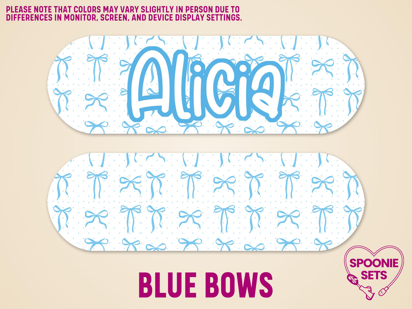 White matte feeding tube pump sticker with blue bows and "Alicia" in a bubble font.
