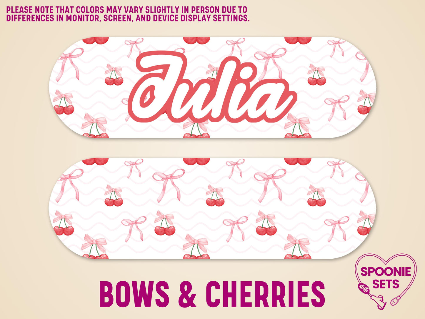 Personalized feeding tube pump sticker with "Julia" in red script, pink bows, and cherries on a white background.