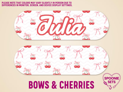 Personalized feeding tube pump sticker with "Julia" in red script, pink bows, and cherries on a white background.
