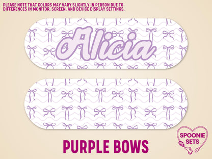 Personalized "Alicia" feeding tube pump sticker with purple ribbons, matte finish, and laminate overlay.