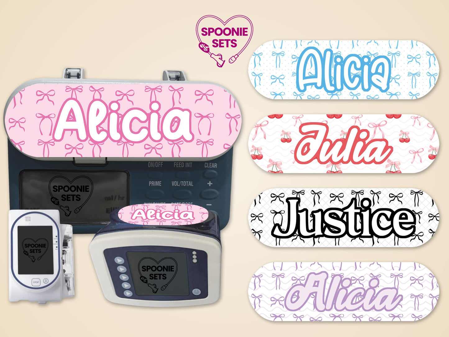 Pink ribbon "Alicia" feeding tube pump sticker on an Infinity pump, with other personalized ribbon and cherry designs.