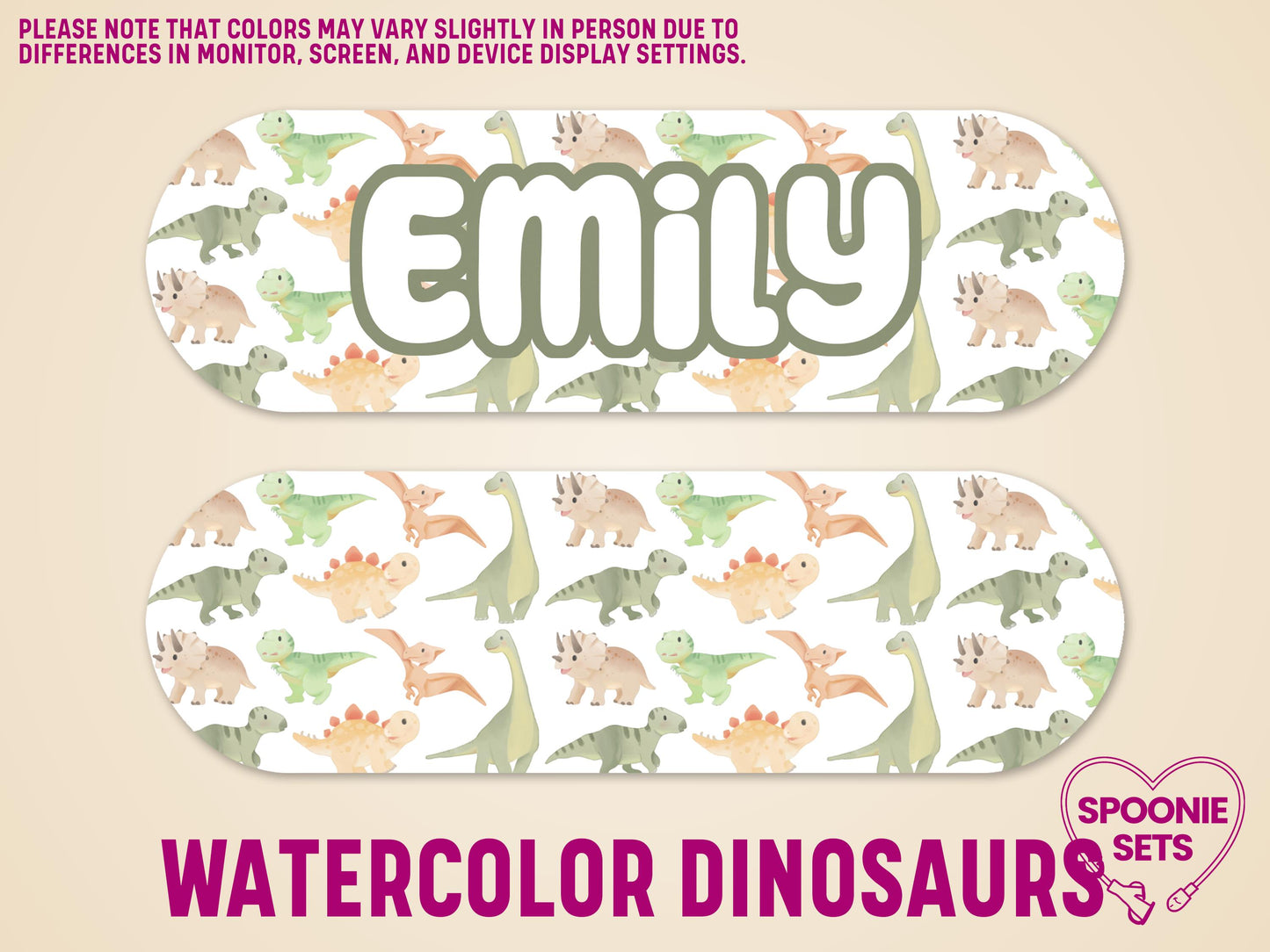 Personalized "Emily" feeding tube pump sticker with watercolor dinosaur pattern, matte finish.