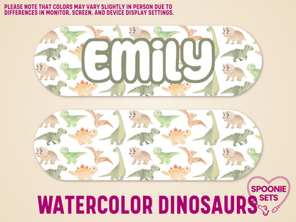 Personalized "Emily" feeding tube pump sticker with watercolor dinosaur pattern, matte finish.