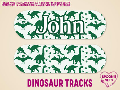 Two personalized feeding tube pump stickers with green dinosaur silhouettes on a white background.
