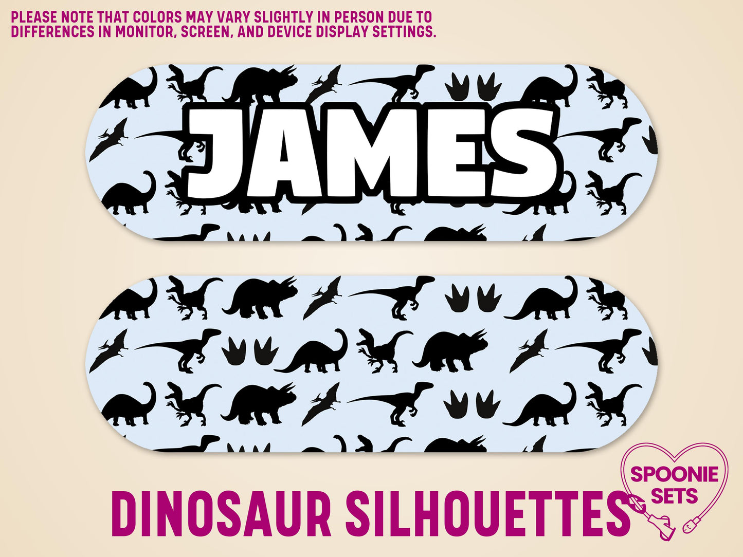Two light blue matte feeding tube pump stickers with black dinosaur silhouettes. One features "JAMES" in white.
