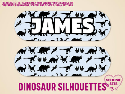 Two light blue matte feeding tube pump stickers with black dinosaur silhouettes. One features "JAMES" in white.