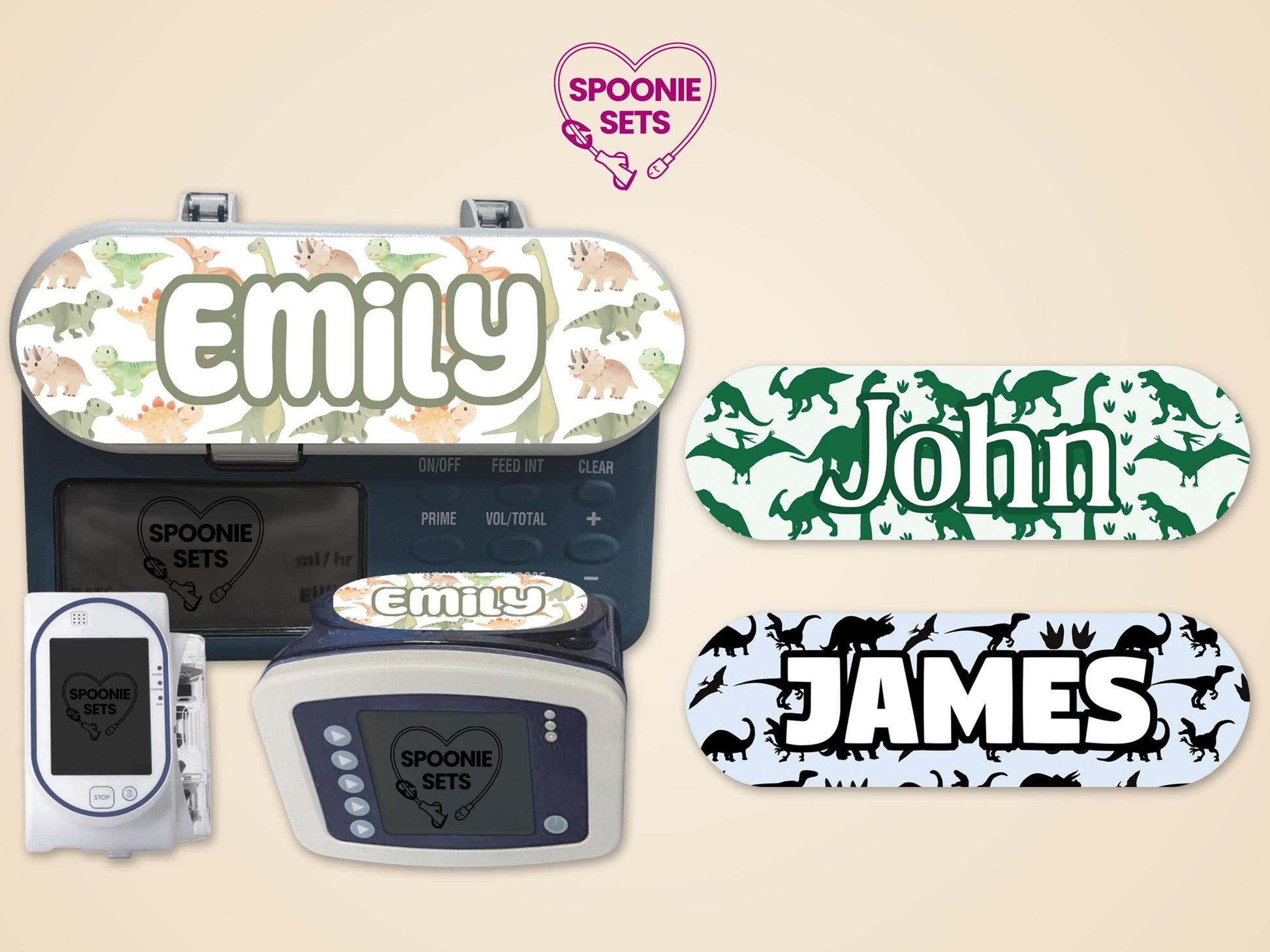 Personalized dinosaur feeding tube pump stickers for Infinity, Joey, and Sapphire pumps. Watercolor, tracks, and silhouette designs.