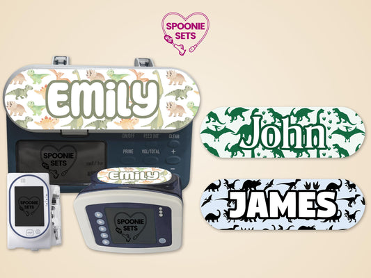 Personalized dinosaur feeding tube pump stickers for Infinity, Joey, and Sapphire pumps. Watercolor, tracks, and silhouette designs.