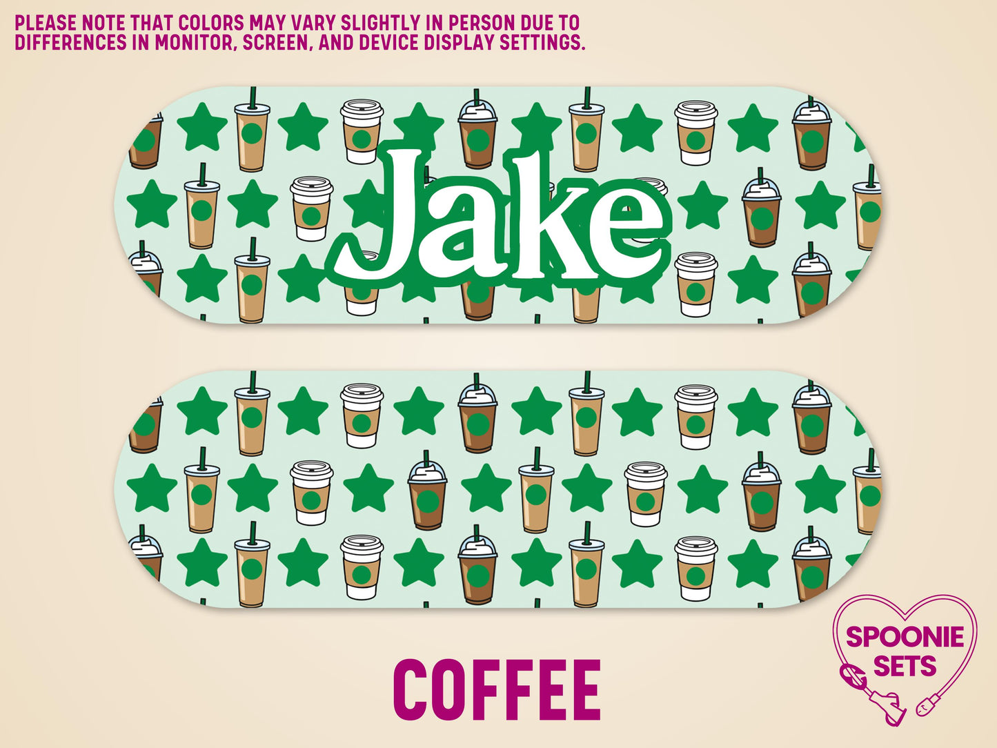 Personalized "Jake" coffee cup and green star pattern feeding tube pump sticker.