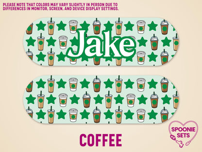 Personalized "Jake" coffee cup and green star pattern feeding tube pump sticker.
