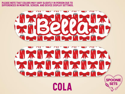 Matte Infinity pump sticker with a red cola can and bow pattern, personalized with "Bella" in white.