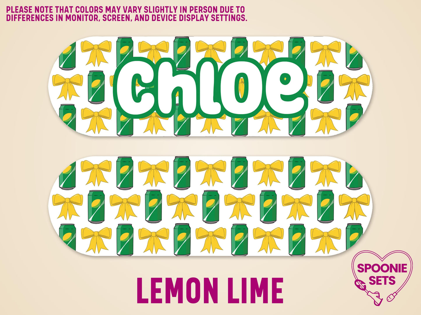 Lemon-lime soda can and yellow bow patterned feeding tube pump sticker with "Chloe" in green font.