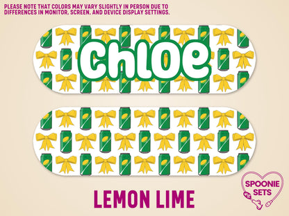 Lemon-lime soda can and yellow bow patterned feeding tube pump sticker with "Chloe" in green font.