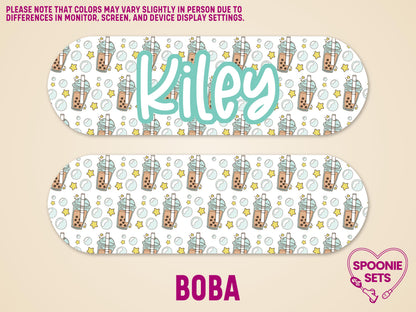 White matte feeding tube pump sticker with boba tea pattern and "Kiley" in teal script.