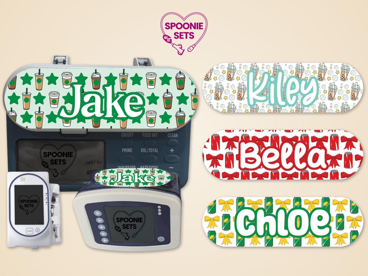 Personalized feeding tube pump stickers with boba, cola, coffee, and lemon-lime designs.