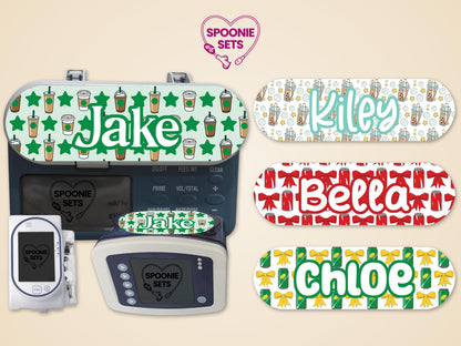 Personalized feeding tube pump stickers with boba, cola, coffee, and lemon-lime designs.