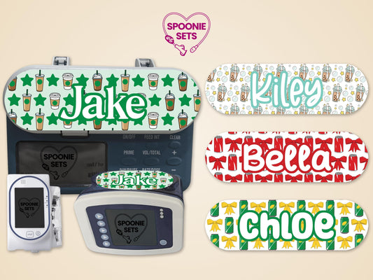 Personalized feeding tube pump stickers with boba, cola, coffee, and lemon-lime designs.