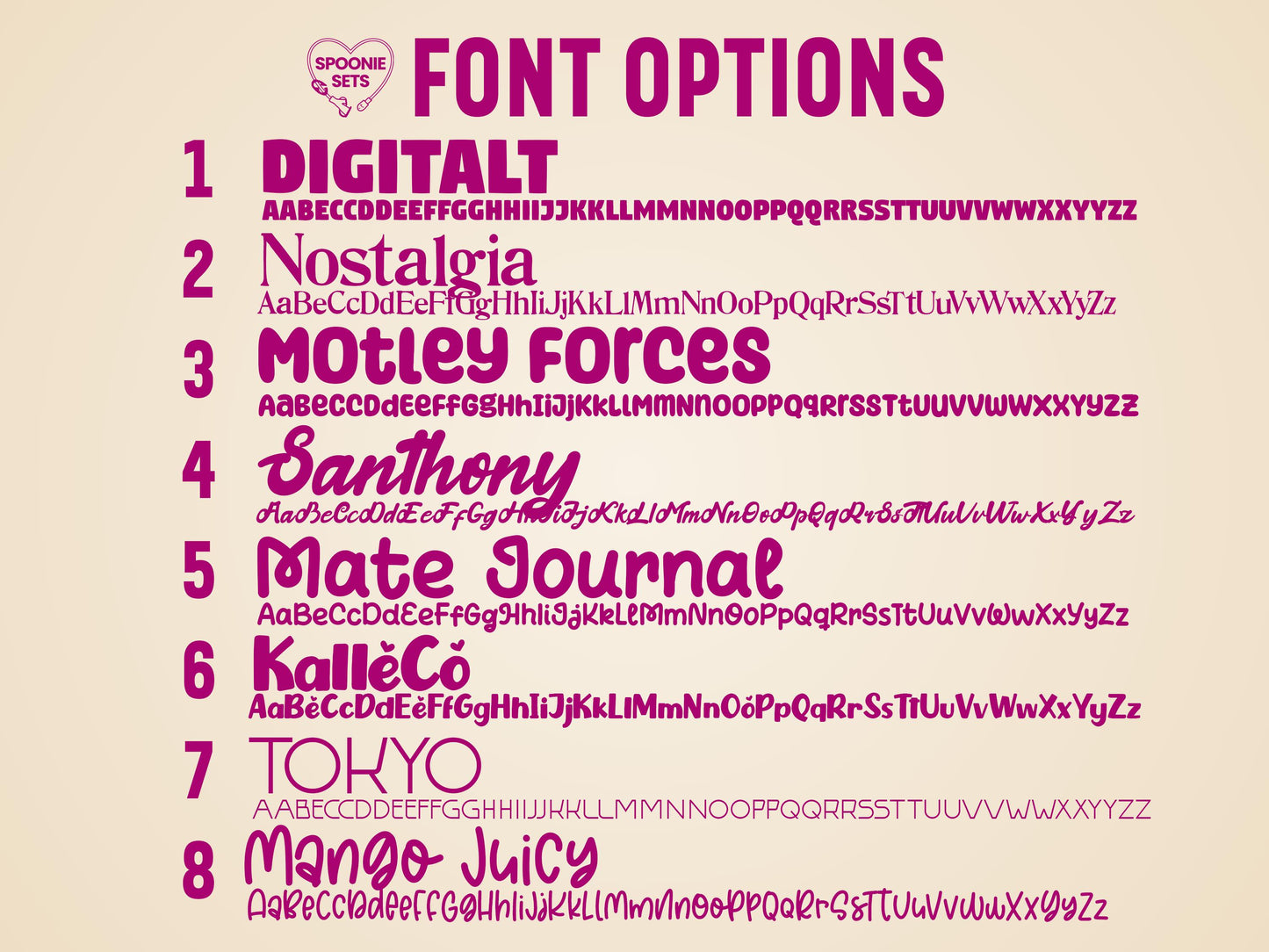 Eight purple font options for feeding tube pump stickers, including Digitalt, Nostalgia, and Mango Juicy.