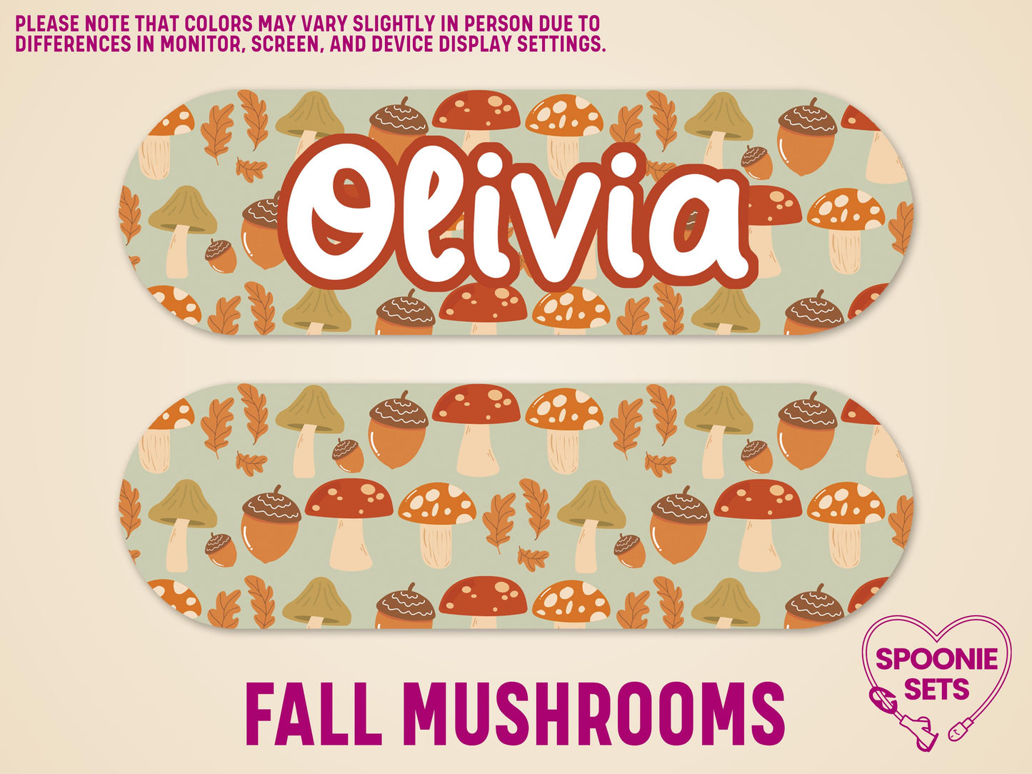 Two matte feeding tube pump stickers with a fall mushroom and acorn pattern. One features "Olivia" in white.