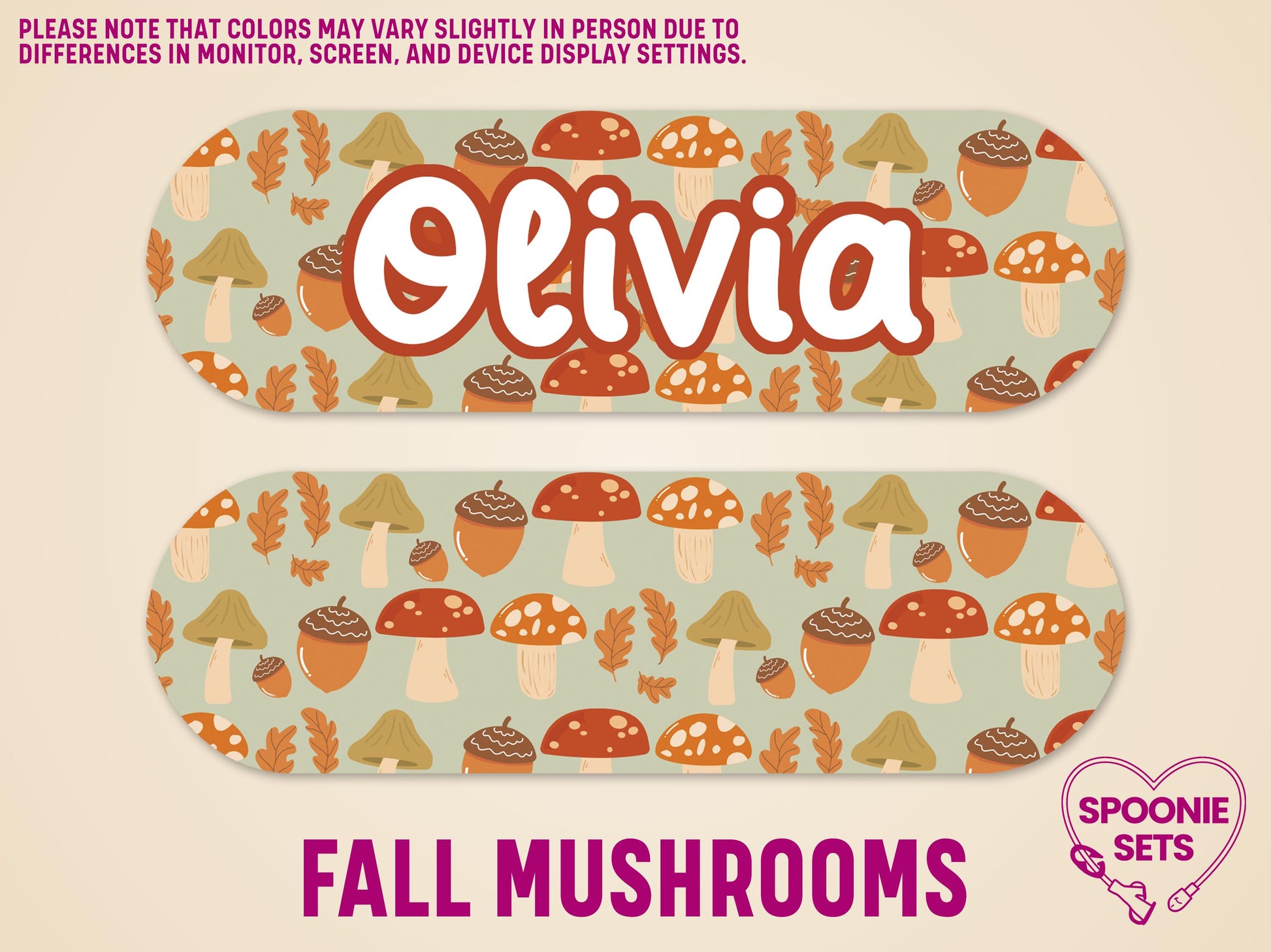 Two matte feeding tube pump stickers with a fall mushroom and acorn pattern. One features "Olivia" in white.
