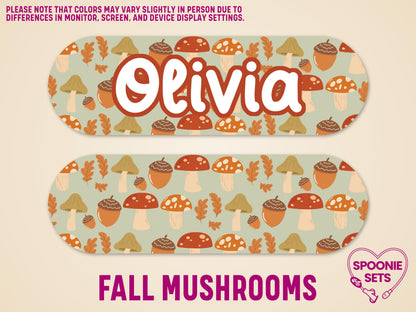 Two matte feeding tube pump stickers with a fall mushroom and acorn pattern. One features "Olivia" in white.