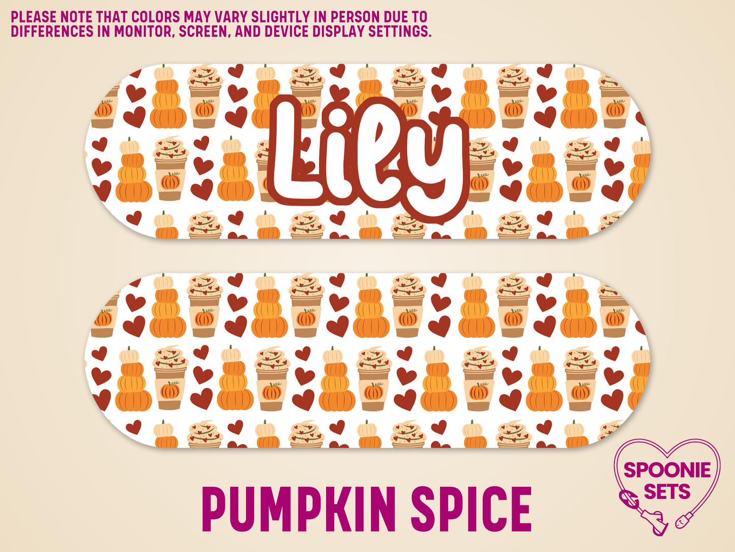 White matte feeding tube pump sticker with "Lily" in white, surrounded by orange pumpkins, coffee cups, and hearts.