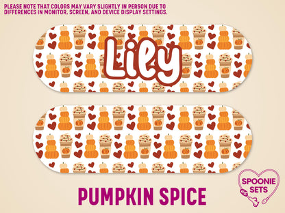 White matte feeding tube pump sticker with "Lily" in white, surrounded by orange pumpkins, coffee cups, and hearts.