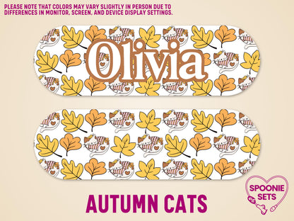 Matte feeding tube pump sticker with autumn leaves and sleeping cats, personalized with "Olivia.