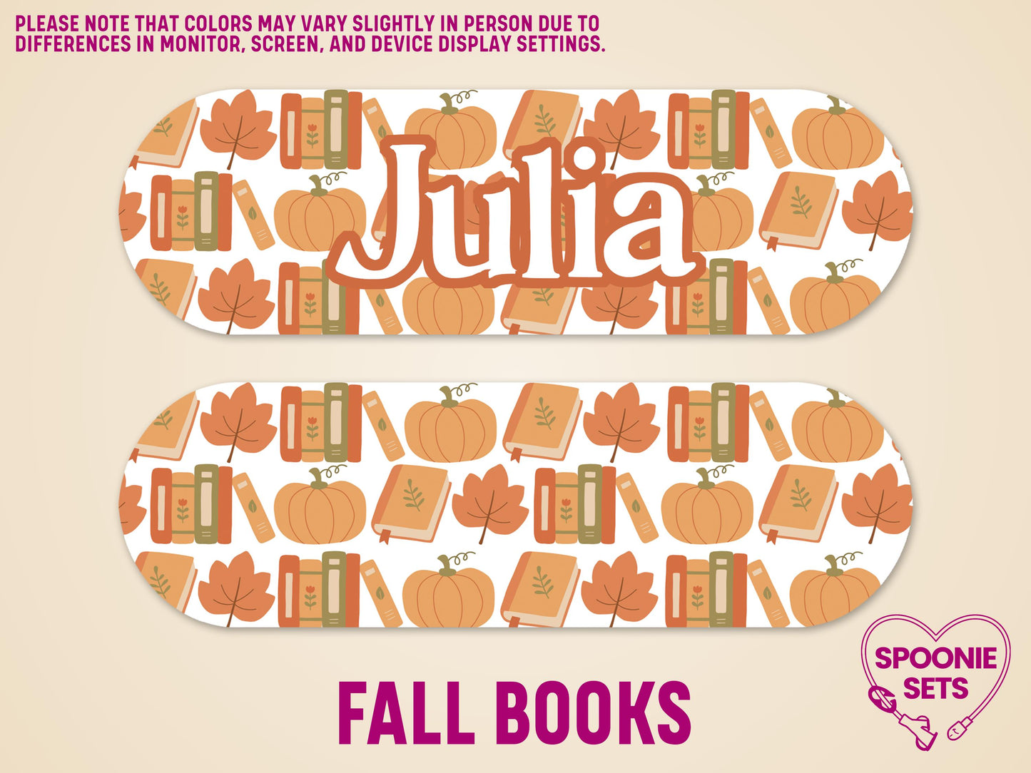 Matte feeding tube pump sticker with "Julia" in white, surrounded by a fall pattern of pumpkins, leaves, and books.