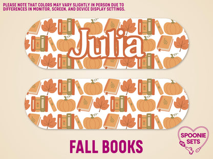 Matte feeding tube pump sticker with "Julia" in white, surrounded by a fall pattern of pumpkins, leaves, and books.